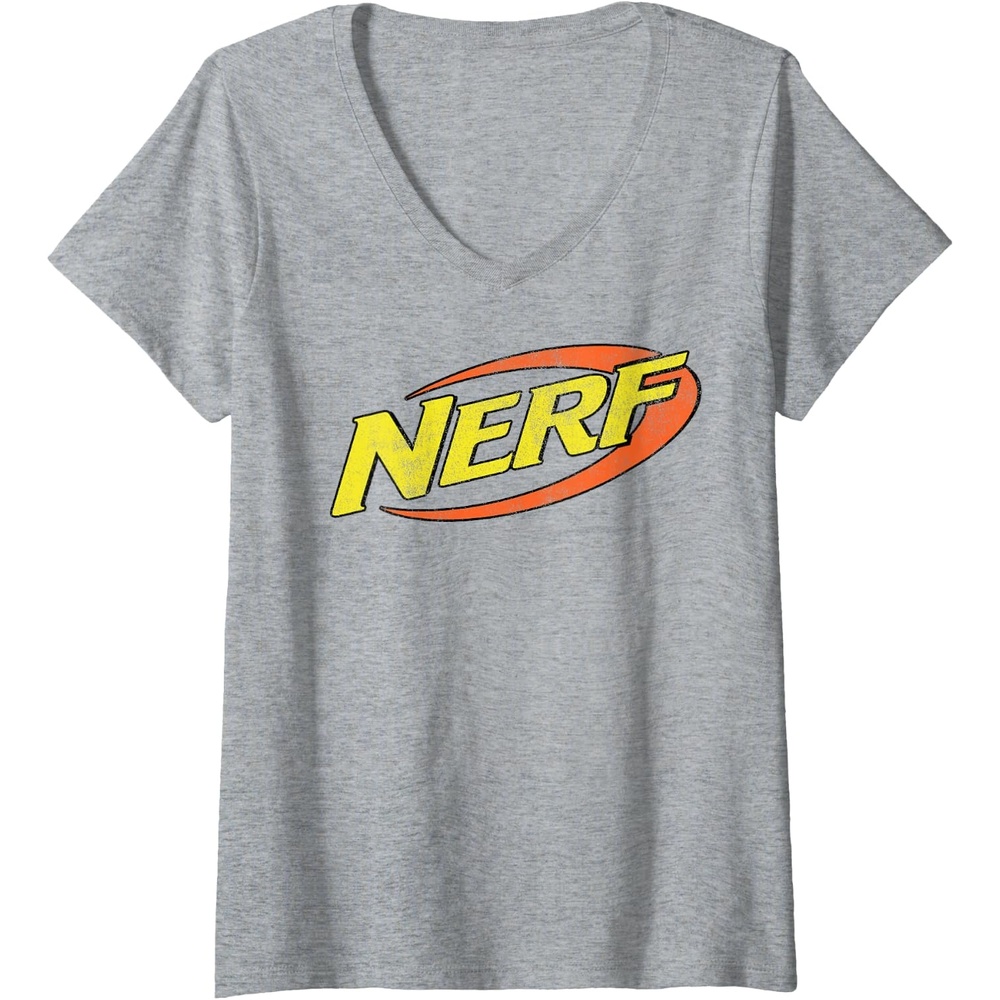 image:imageWomens Nerf Classic Distressed Retro Color Logo VNeck TShirtHeather Grey