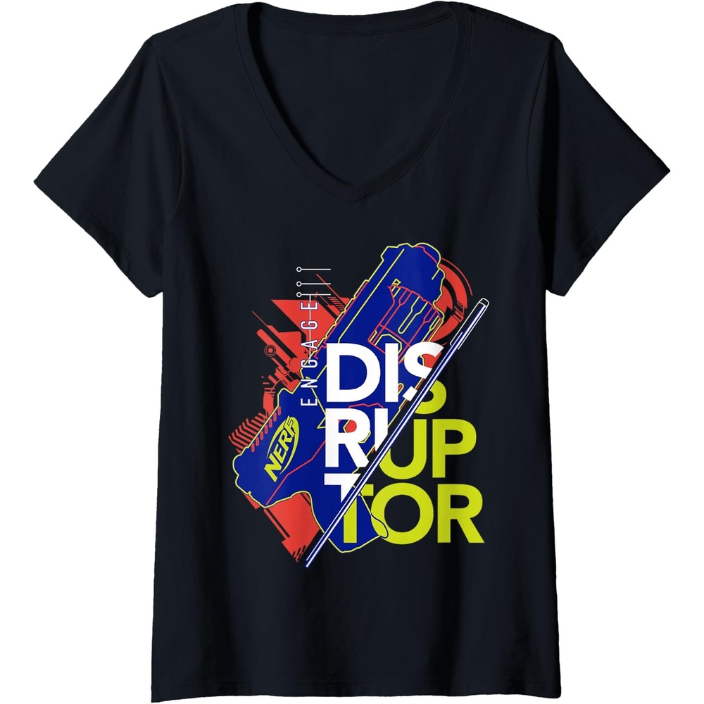 image:imageWomens Nerf Engage Disruptor Retro Vintage Text Stack VNeck TShirtBlack