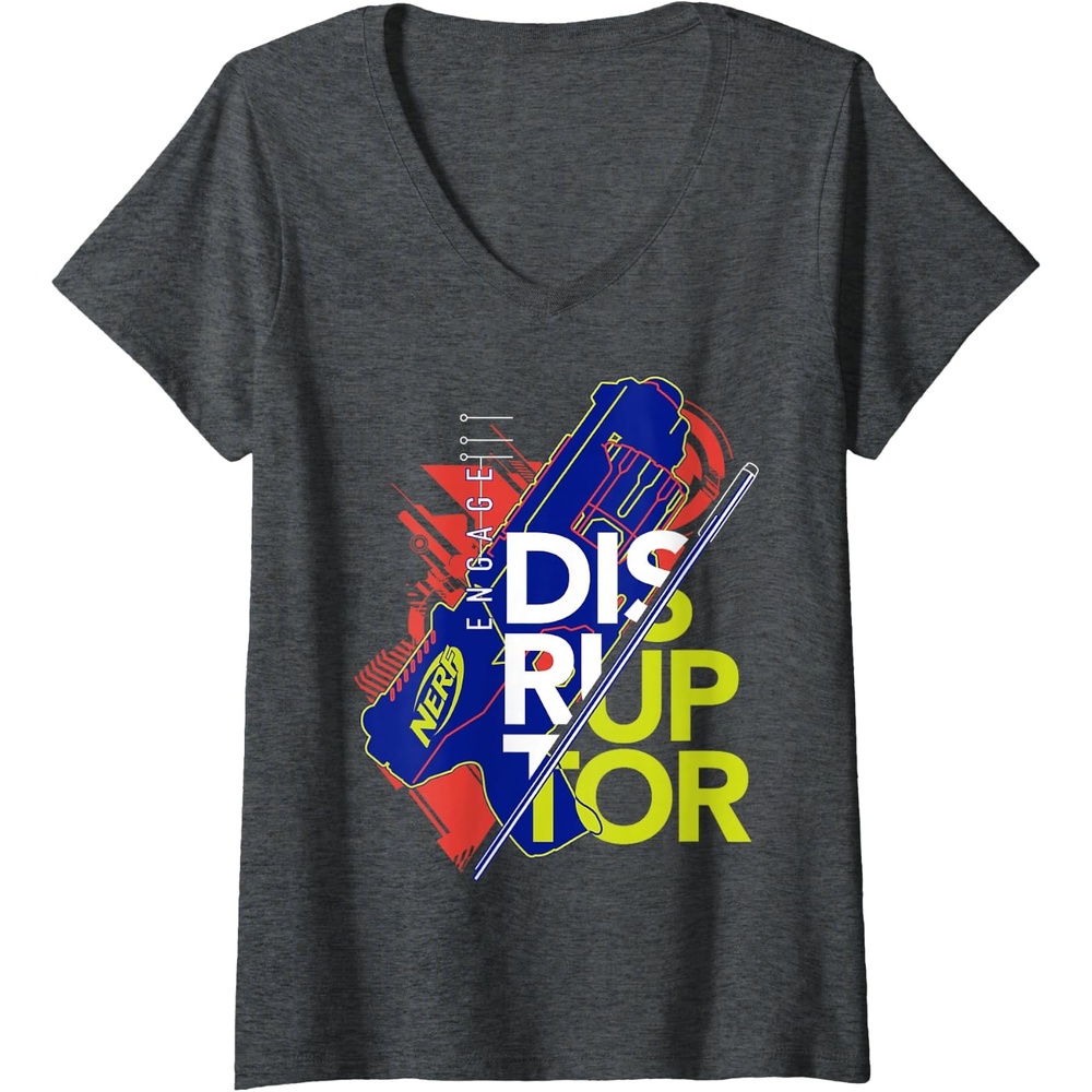 image:imageWomens Nerf Engage Disruptor Retro Vintage Text Stack VNeck TShirtDark Heather Grey