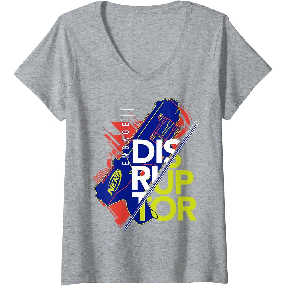image:imageWomens Nerf Engage Disruptor Retro Vintage Text Stack VNeck TShirtHeather Grey
