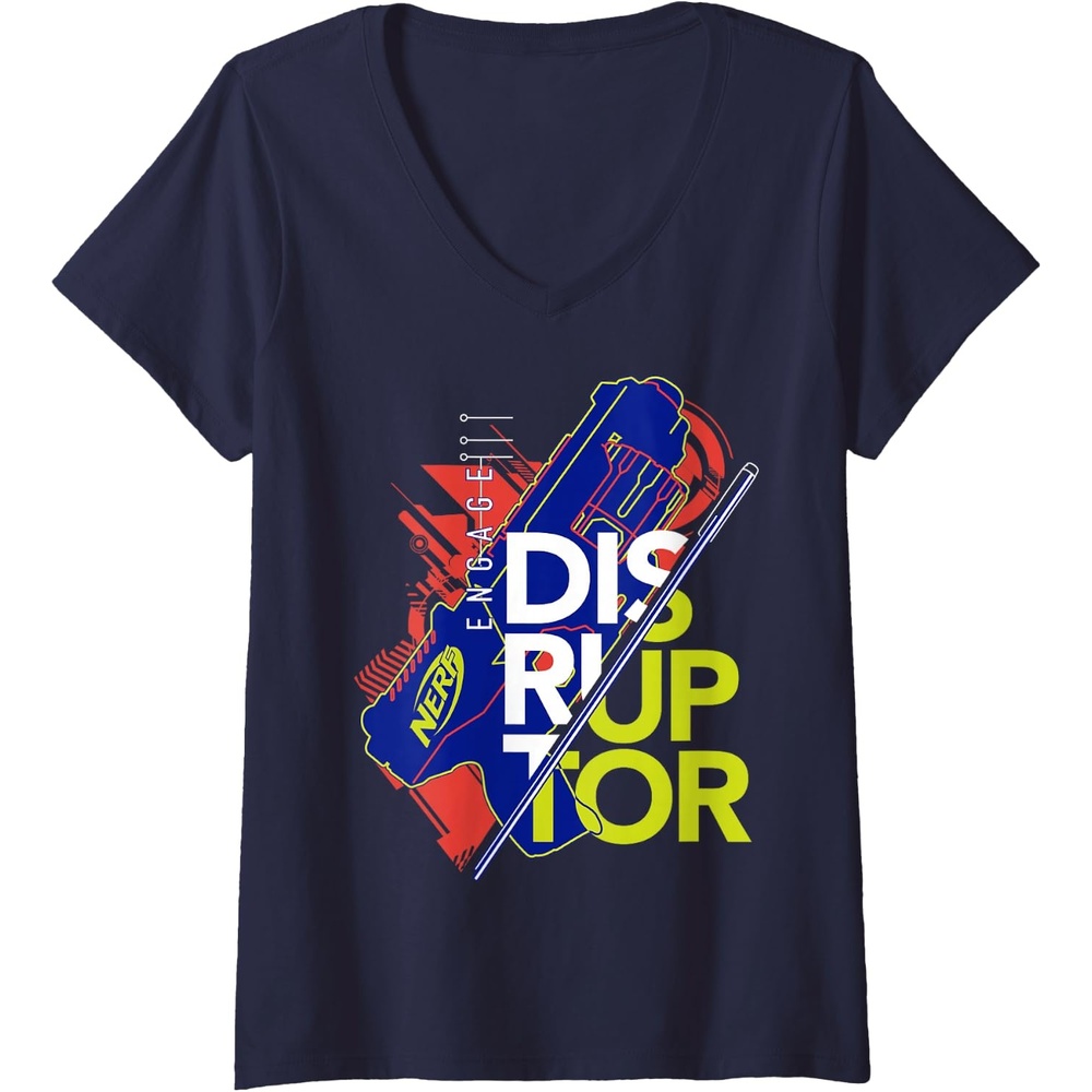 image:imageWomens Nerf Engage Disruptor Retro Vintage Text Stack VNeck TShirtNavy Blue
