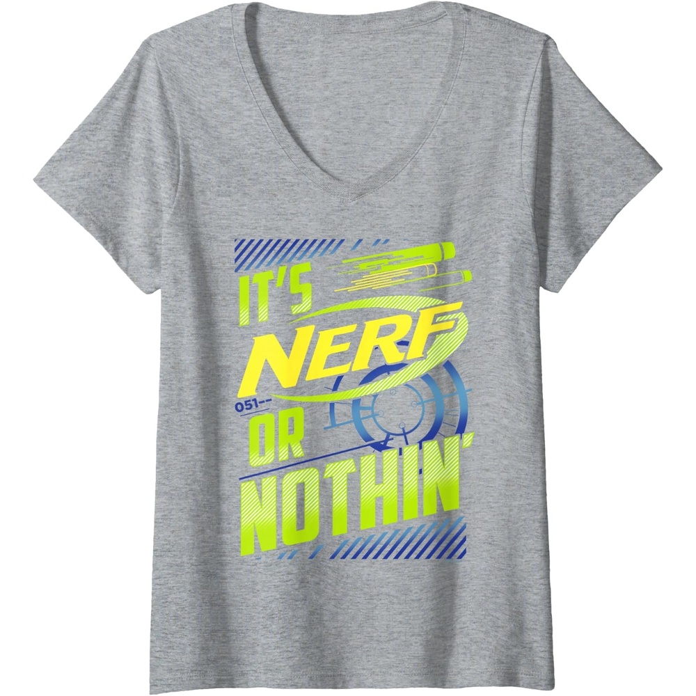 image:imageWomens Nerf Its Nerf Or Nothin Retro Bold Logo VNeck TShirtHeather Grey