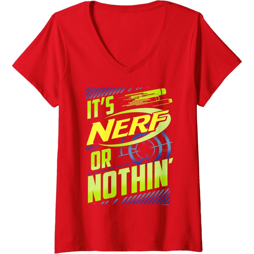 image:imageWomens Nerf Its Nerf Or Nothin Retro Bold Logo VNeck TShirtRed