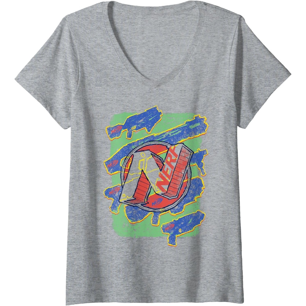 image:imageWomens Nerf Logo Blaster Scribbles VNeck TShirtHeather Grey