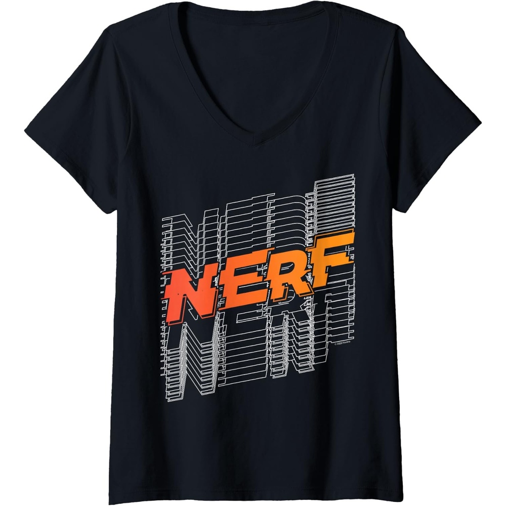 image:imageWomens Nerf Stacked Silhouette Retro Nerf Action Logo VNeck TShirtBlack