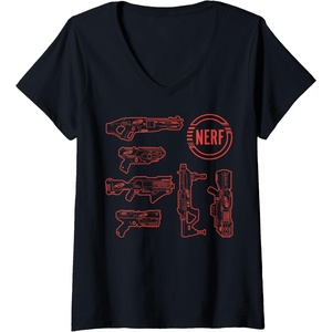 Womens Nerf Blasters Retro Schematic Textbook Outlines V-Neck T-Shirt(Black)
