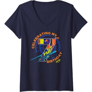 Womens Nerf Celebrating My 7th Birthday V-Neck T-Shirt(Navy Blue)