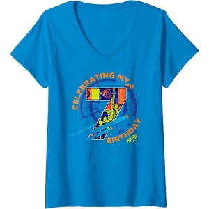 Womens Nerf Celebrating My 7th Birthday V-Neck T-Shirt(Sapphire Blue)