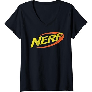 Womens Nerf Classic Distressed Retro Color Logo V-Neck T-Shirt(Black)