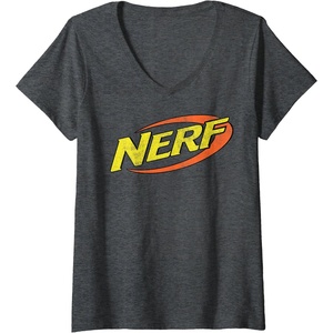 Womens Nerf Classic Distressed Retro Color Logo V-Neck T-Shirt(Dark Heather Grey)