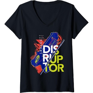 Womens Nerf Engage Disruptor Retro Vintage Text Stack V-Neck T-Shirt(Black)