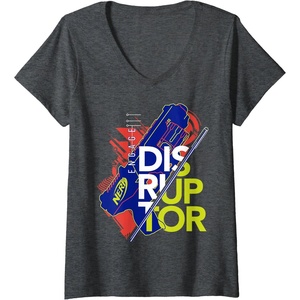 Womens Nerf Engage Disruptor Retro Vintage Text Stack V-Neck T-Shirt(Dark Heather Grey)