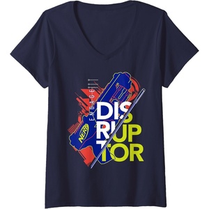 Womens Nerf Engage Disruptor Retro Vintage Text Stack V-Neck T-Shirt(Navy Blue)
