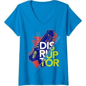 Womens Nerf Engage Disruptor Retro Vintage Text Stack V-Neck T-Shirt(Sapphire Blue)