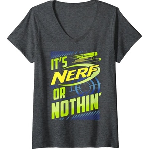Womens Nerf It’s Nerf Or Nothin’ Retro Bold Logo V-Neck T-Shirt(Dark Heather Grey)