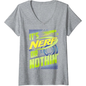 Womens Nerf It’s Nerf Or Nothin’ Retro Bold Logo V-Neck T-Shirt(Heather Grey)