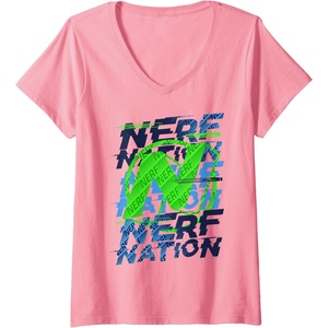 Womens Nerf Nation Logo Stack V-Neck T-Shirt(Pink)