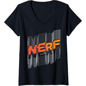 Womens Nerf Stacked Silhouette Retro Nerf Action Logo V-Neck T-Shirt(Black)