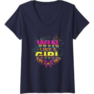 Womens Nerf Win Like A Girl V-Neck T-Shirt(Navy Blue)