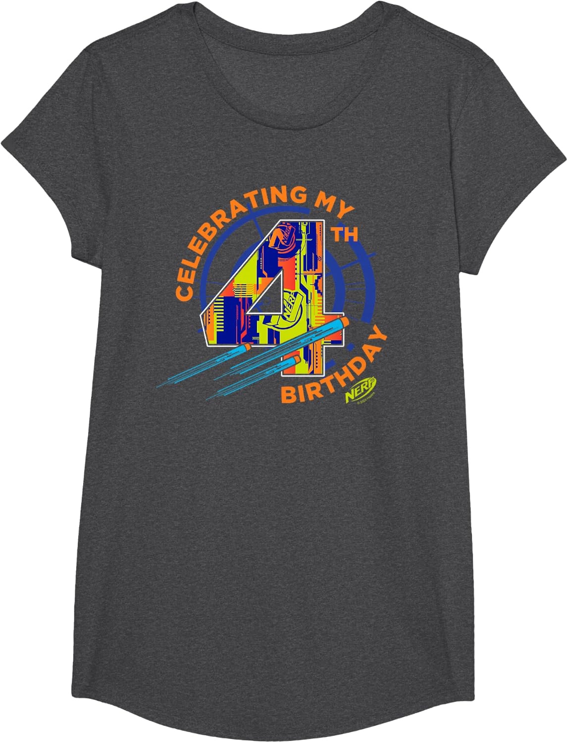 image:imageNerf Birthday Celebrating My 4th Graphic Color Filled Logo TShirtDark Heather Grey