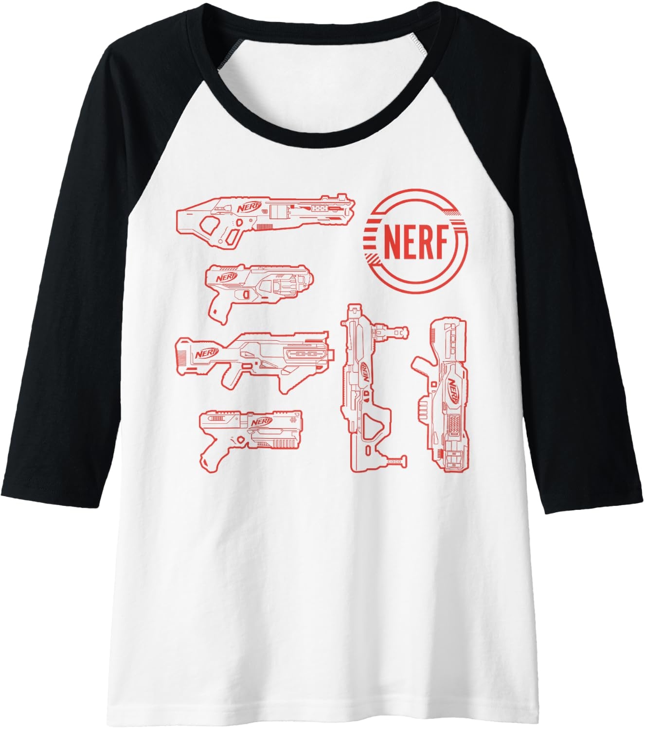 image:imageNerf Blasters Retro Schematic Textbook Outlines Raglan Baseball TeeBlackWhite