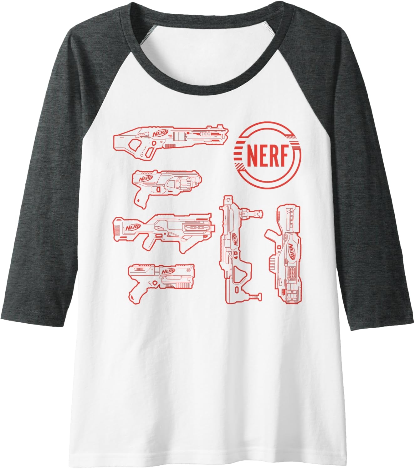 image:imageNerf Blasters Retro Schematic Textbook Outlines Raglan Baseball TeeDark Heather GreyWhite