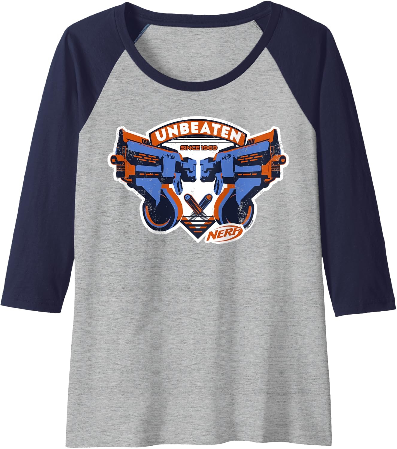 image:imageNerf Blasters Unbeaten Logo Raglan Baseball TeeNavy BlueAthletic Heather