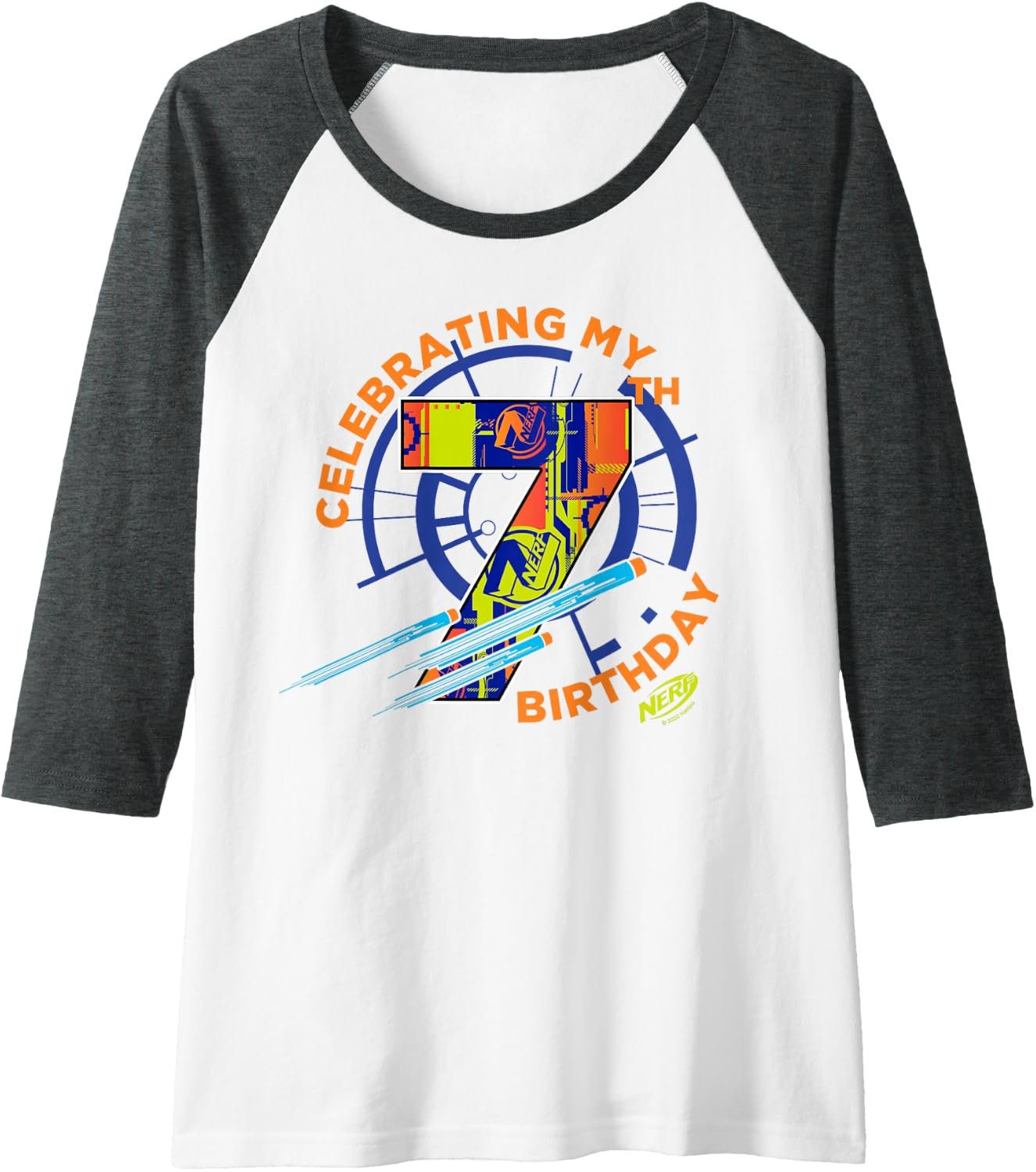 image:imageNerf Celebrating My 7th Birthday Raglan Baseball TeeDark Heather GreyWhite