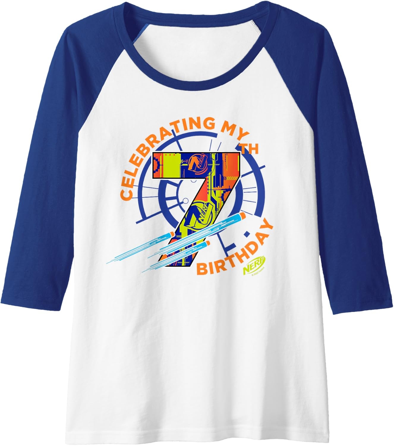image:imageNerf Celebrating My 7th Birthday Raglan Baseball TeeRoyal BlueWhite