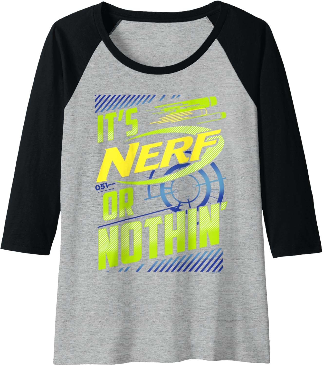 image:imageNerf Its Nerf Or Nothin Retro Bold Logo Raglan Baseball TeeBlackAthletic Heather