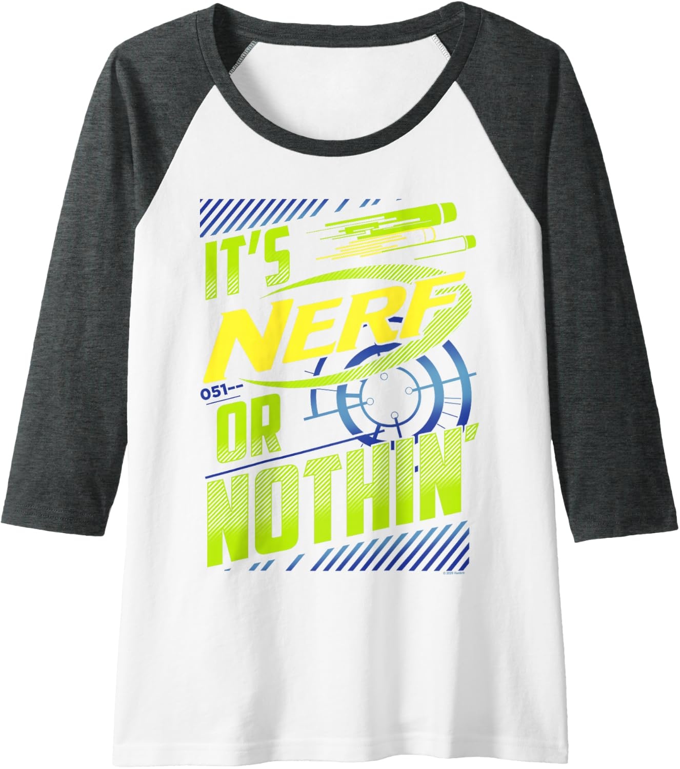 image:imageNerf Its Nerf Or Nothin Retro Bold Logo Raglan Baseball TeeDark Heather GreyWhite
