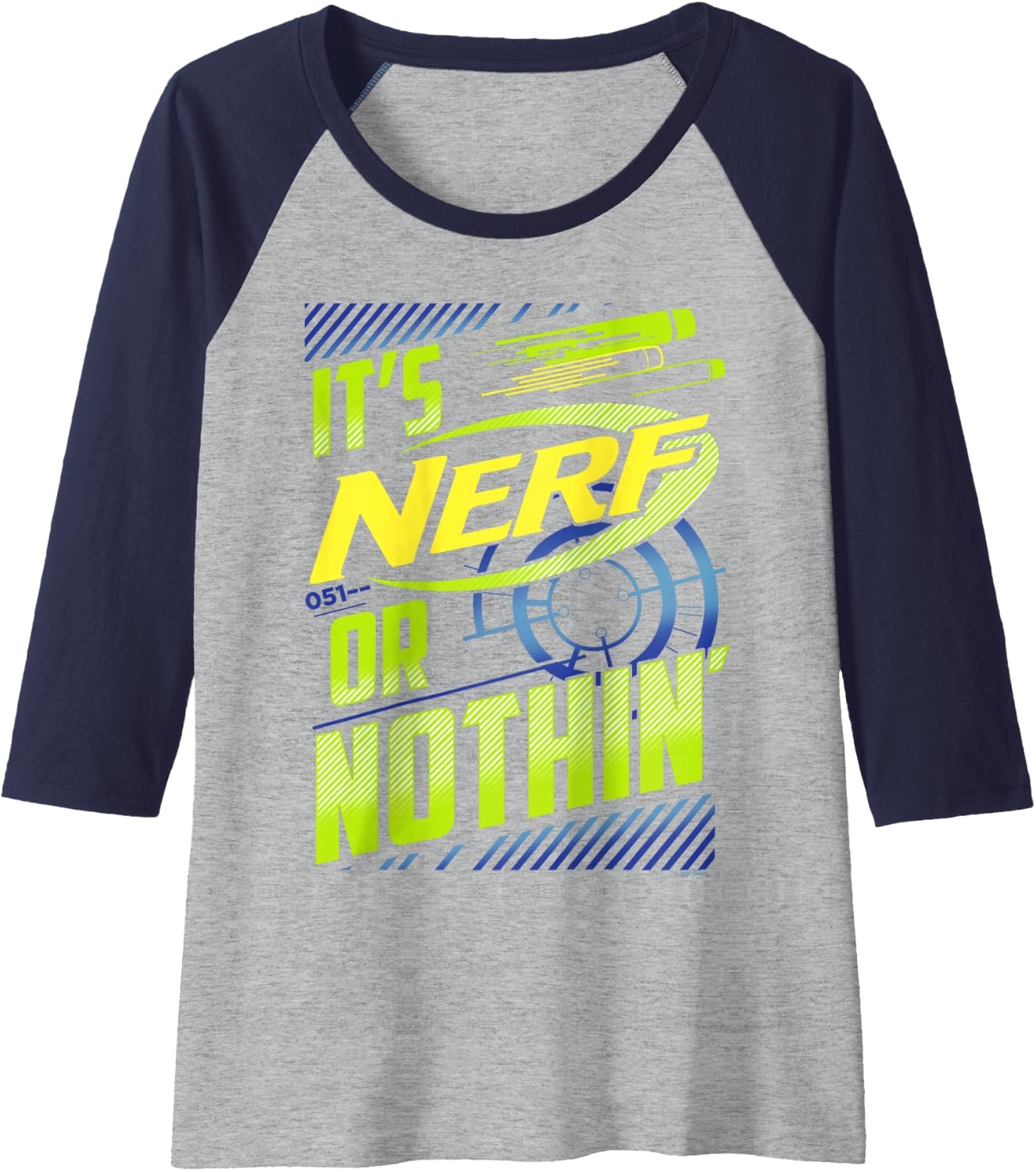 image:imageNerf Its Nerf Or Nothin Retro Bold Logo Raglan Baseball TeeNavy BlueAthletic Heather