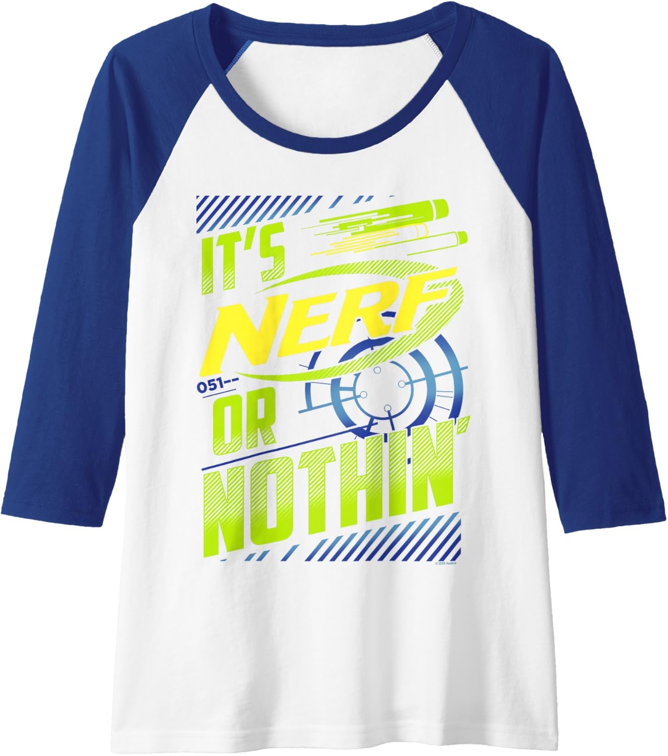 image:imageNerf Its Nerf Or Nothin Retro Bold Logo Raglan Baseball TeeRoyal BlueWhite