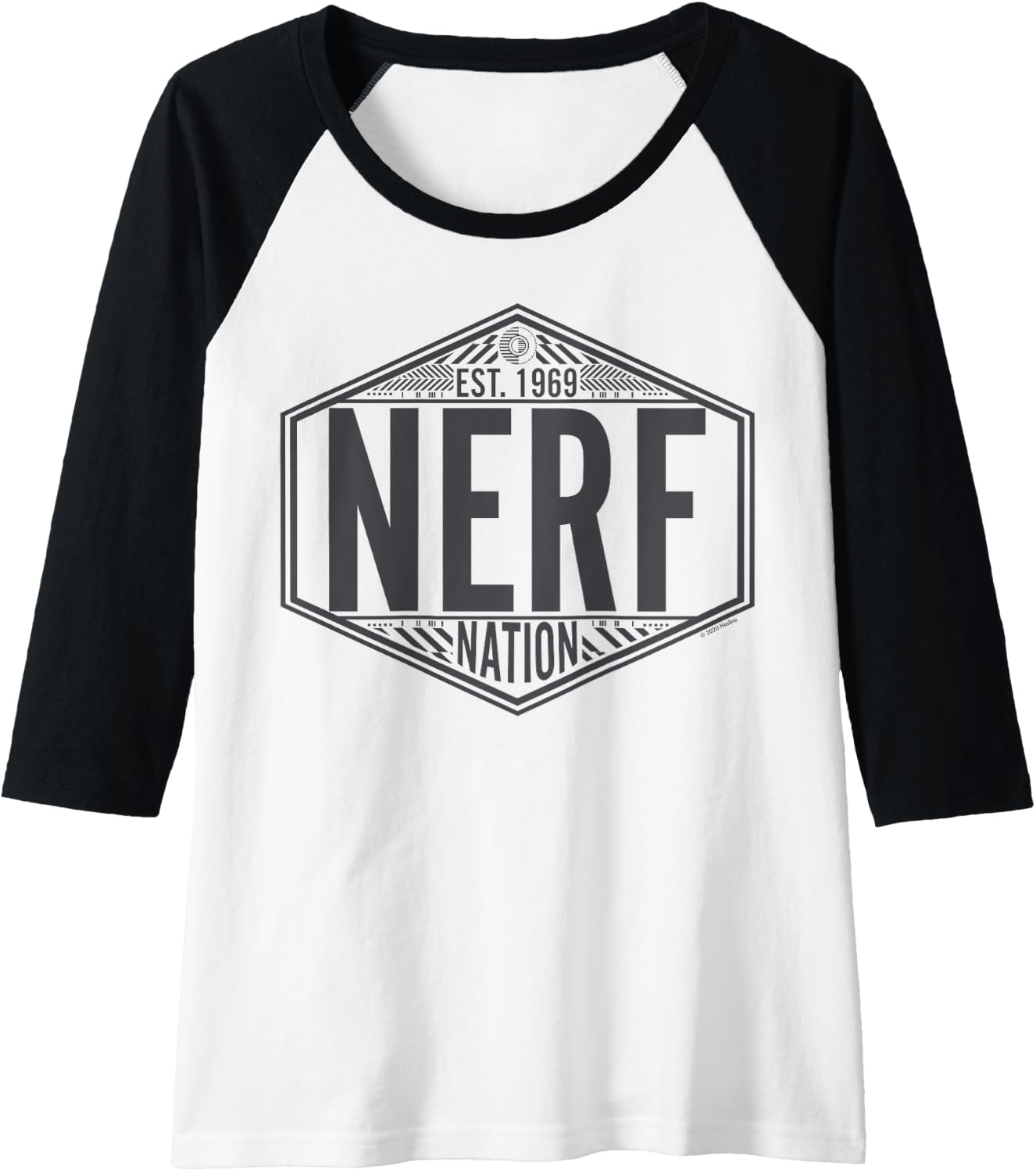 image:imageNerf Nation Est 1969 Neon Badge Logo V2 Raglan Baseball TeeBlackWhite