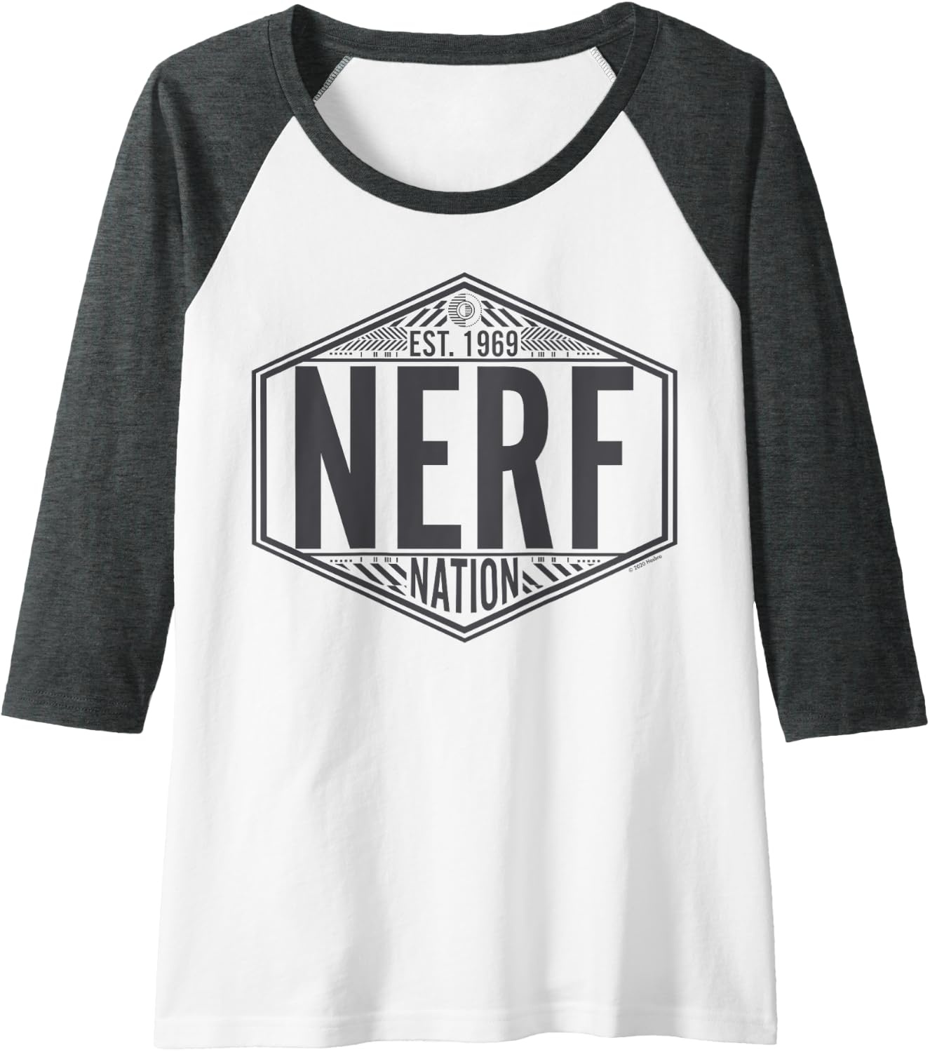 image:imageNerf Nation Est 1969 Neon Badge Logo V2 Raglan Baseball TeeDark Heather GreyWhite