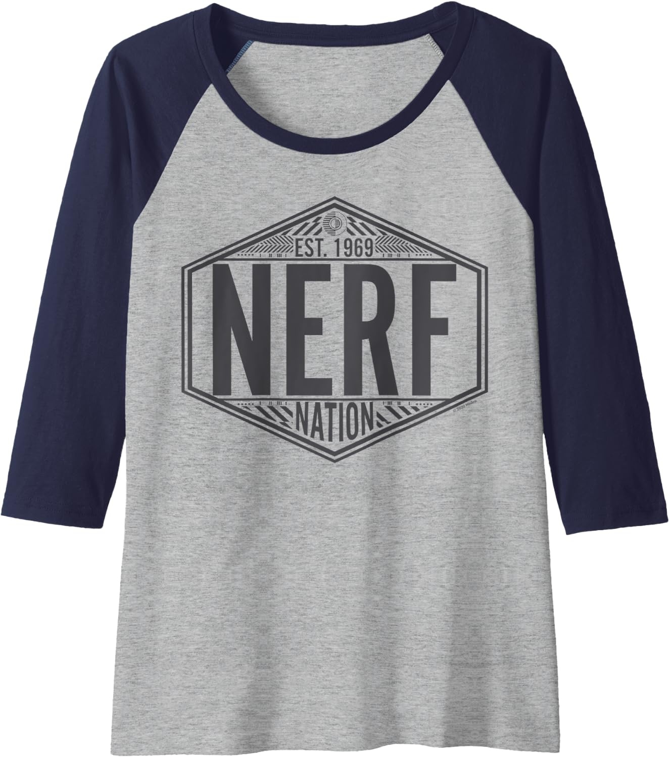 image:imageNerf Nation Est 1969 Neon Badge Logo V2 Raglan Baseball TeeNavy BlueAthletic Heather