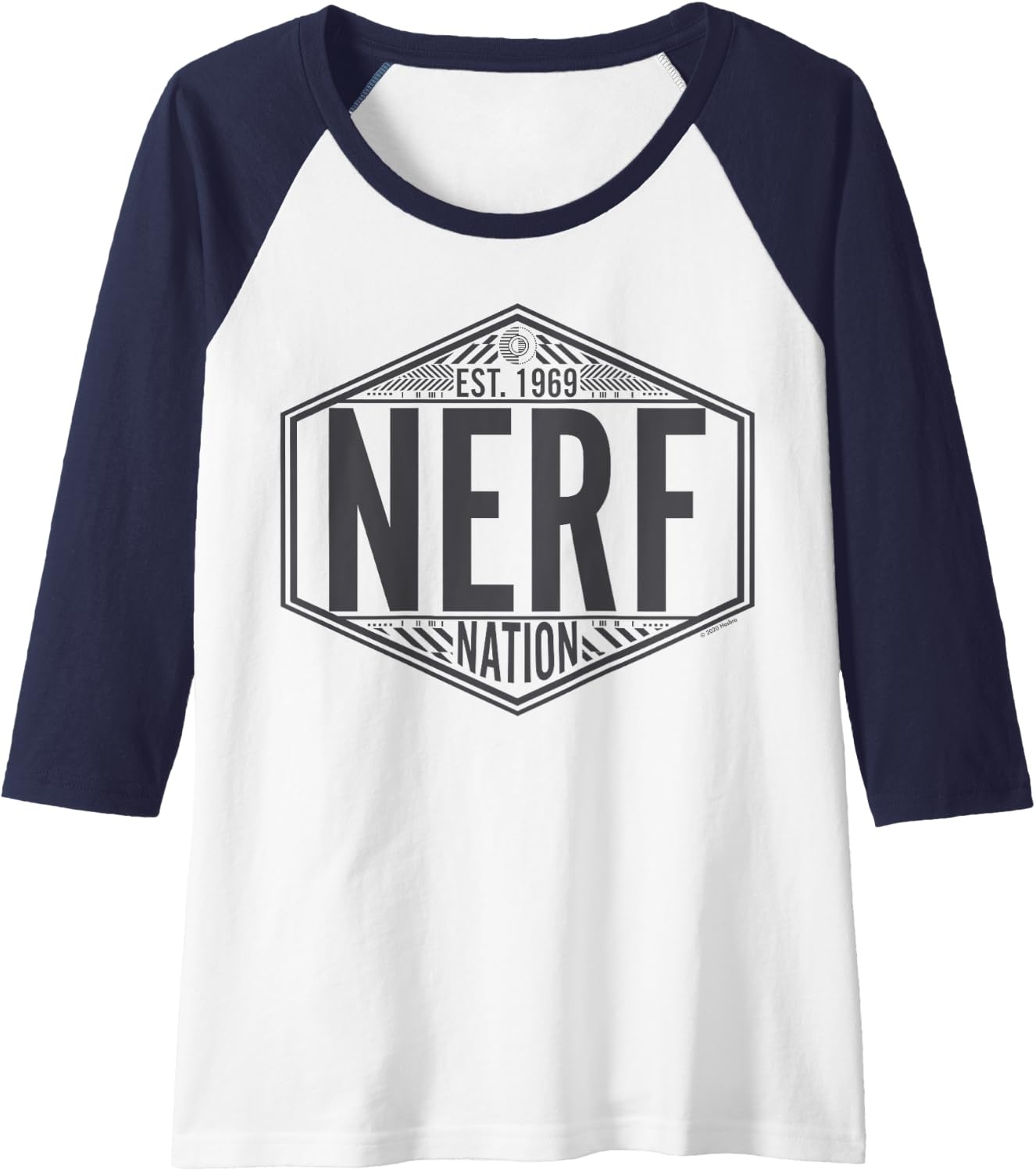 image:imageNerf Nation Est 1969 Neon Badge Logo V2 Raglan Baseball TeeNavy BlueWhite