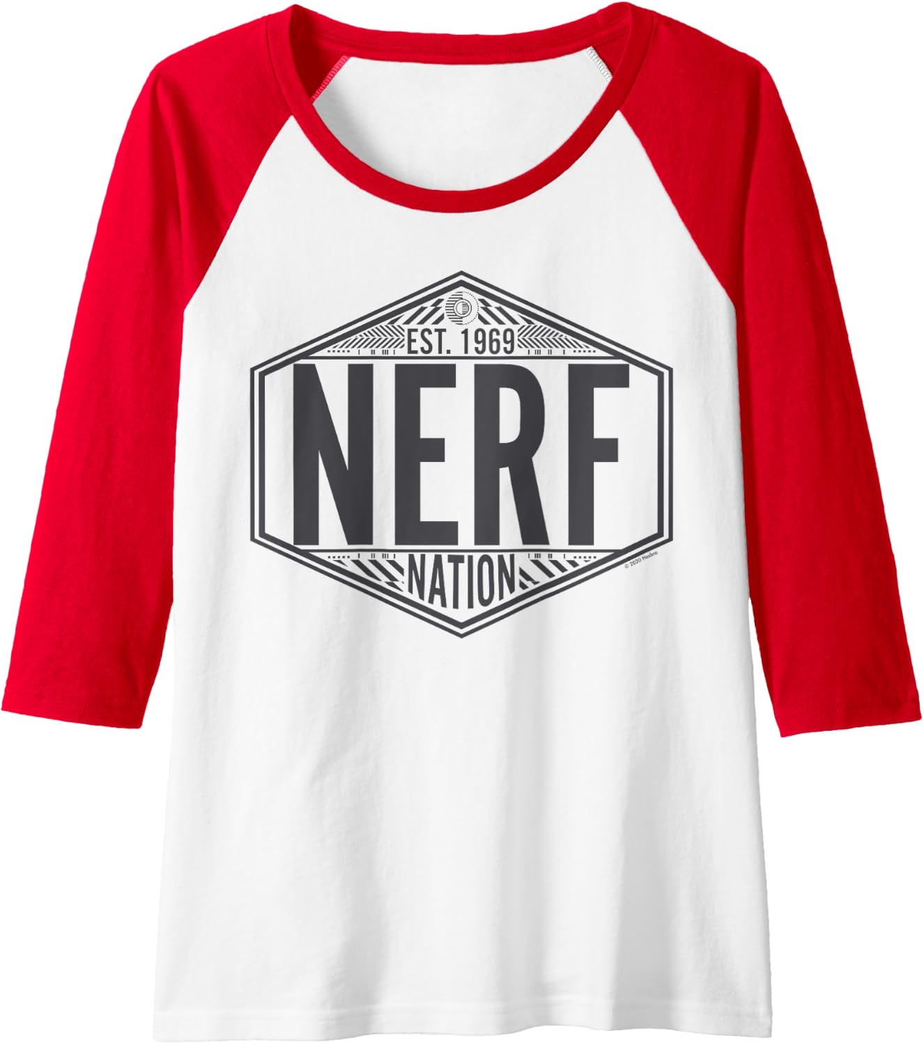 image:imageNerf Nation Est 1969 Neon Badge Logo V2 Raglan Baseball TeeRedWhite