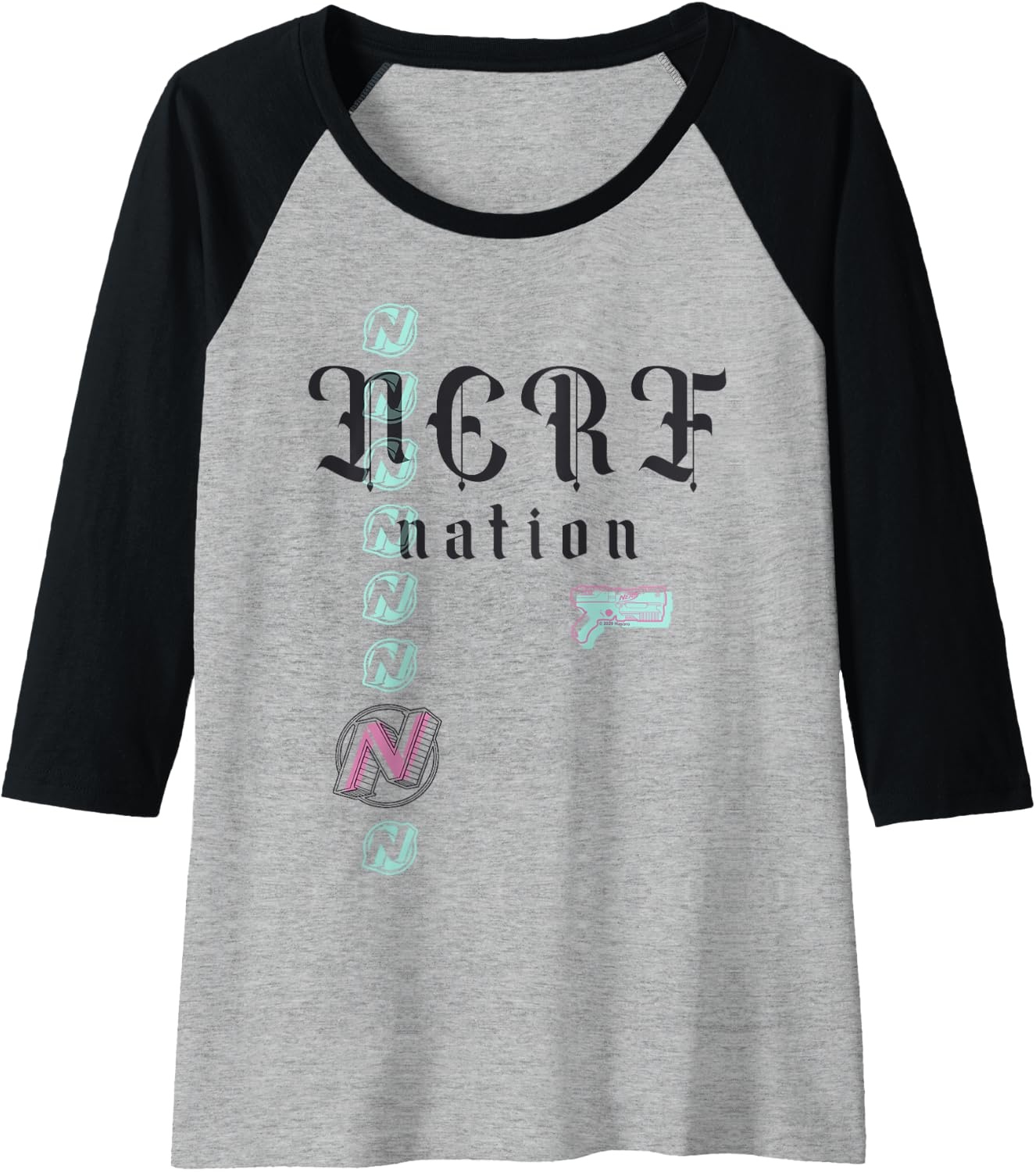 image:imageNerf Nation Logo Stack Blaster Raglan Baseball TeeBlackAthletic Heather