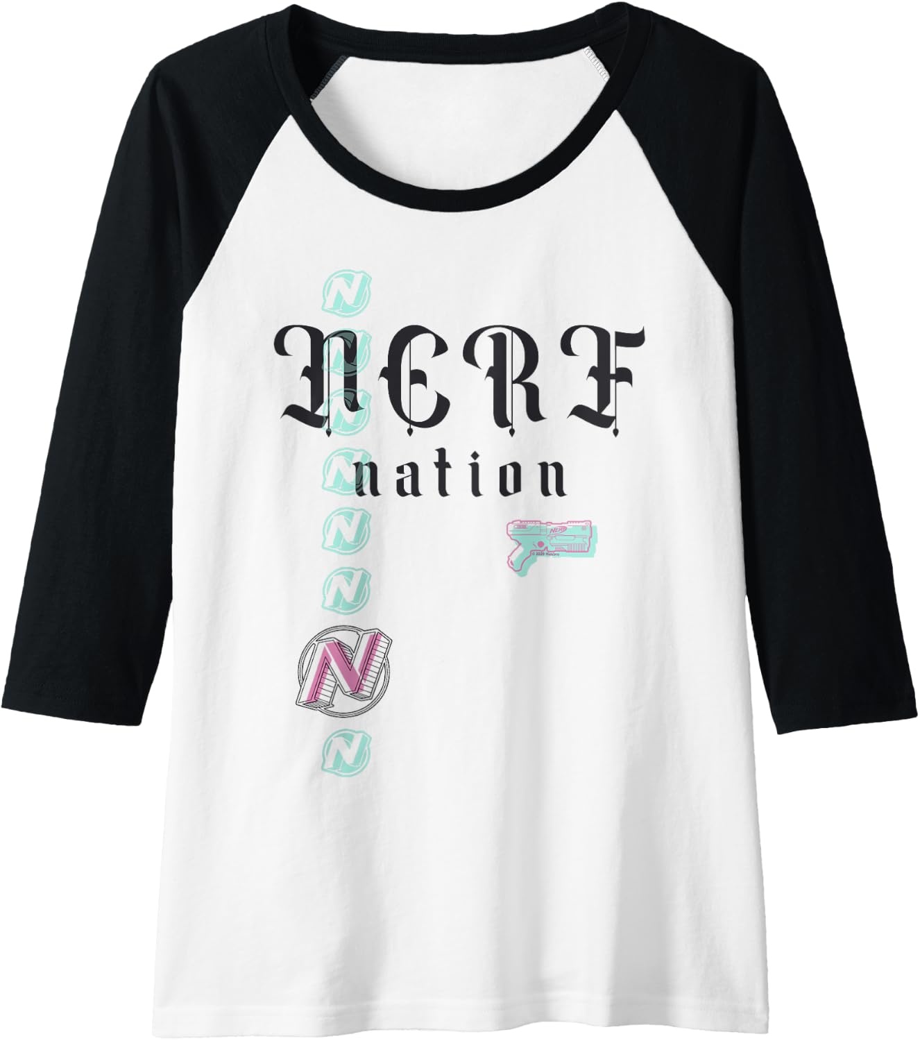 image:imageNerf Nation Logo Stack Blaster Raglan Baseball TeeBlackWhite