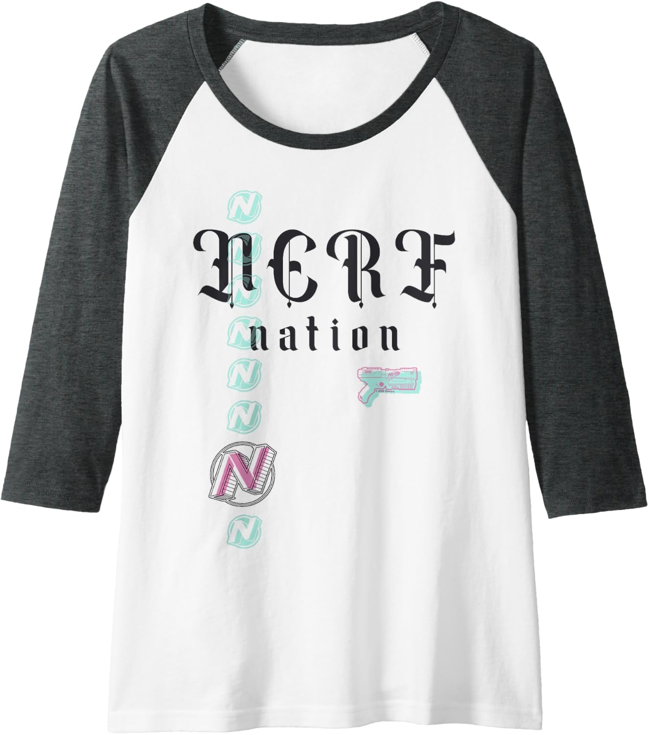 image:imageNerf Nation Logo Stack Blaster Raglan Baseball TeeDark Heather GreyWhite