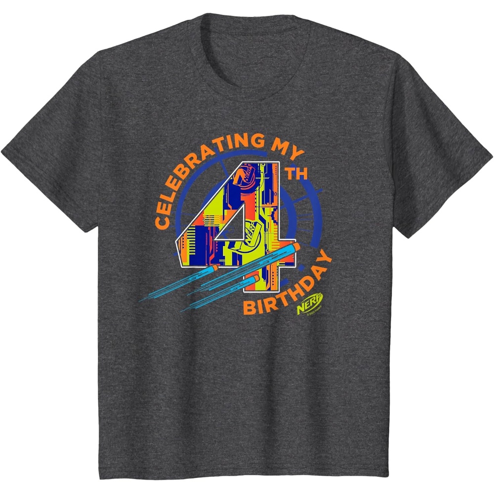 image:imageNerf Birthday Celebrating My 4th Graphic Color Filled Logo TShirtDark Heather Grey