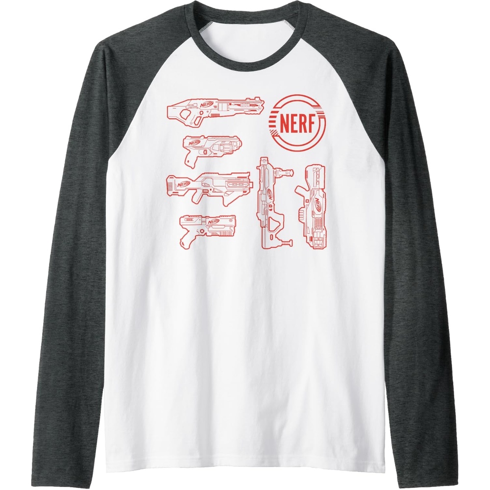 image:imageNerf Blasters Retro Schematic Textbook Outlines Raglan Baseball TeeDark Heather GreyWhite