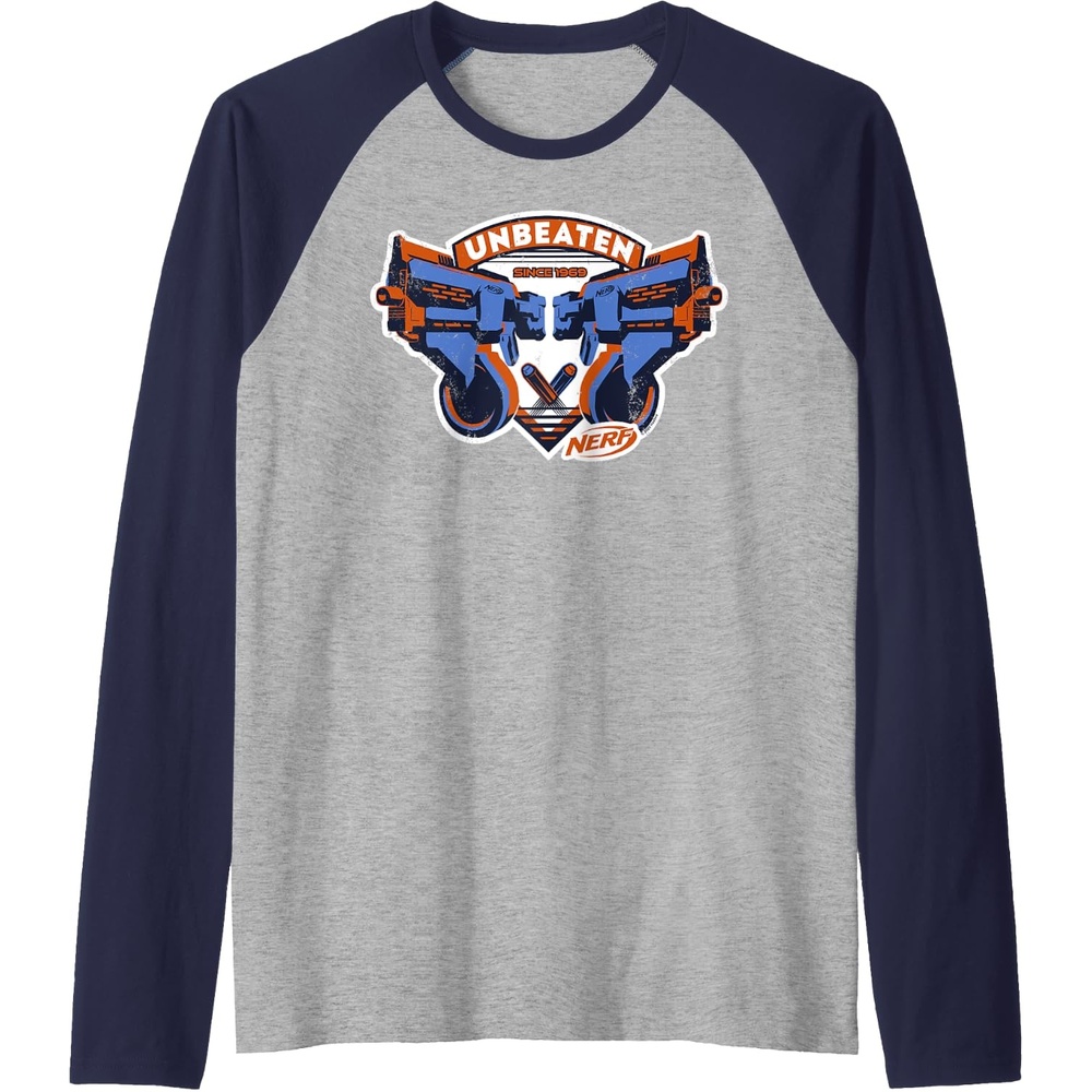 image:imageNerf Blasters Unbeaten Logo Raglan Baseball TeeNavy BlueAthletic Heather