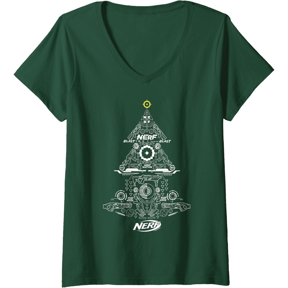 image:imageNerf Christmas Tree Toy Icons Collage VNeck TShirtDark Green