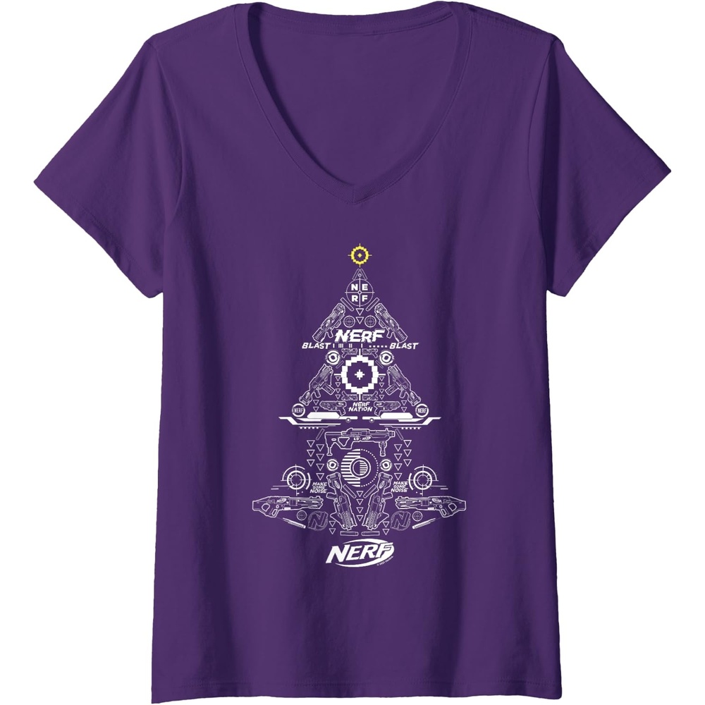 image:imageNerf Christmas Tree Toy Icons Collage VNeck TShirtPurple