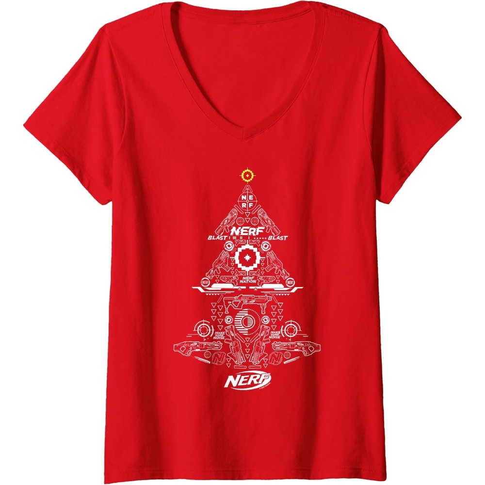 image:imageNerf Christmas Tree Toy Icons Collage VNeck TShirtRed