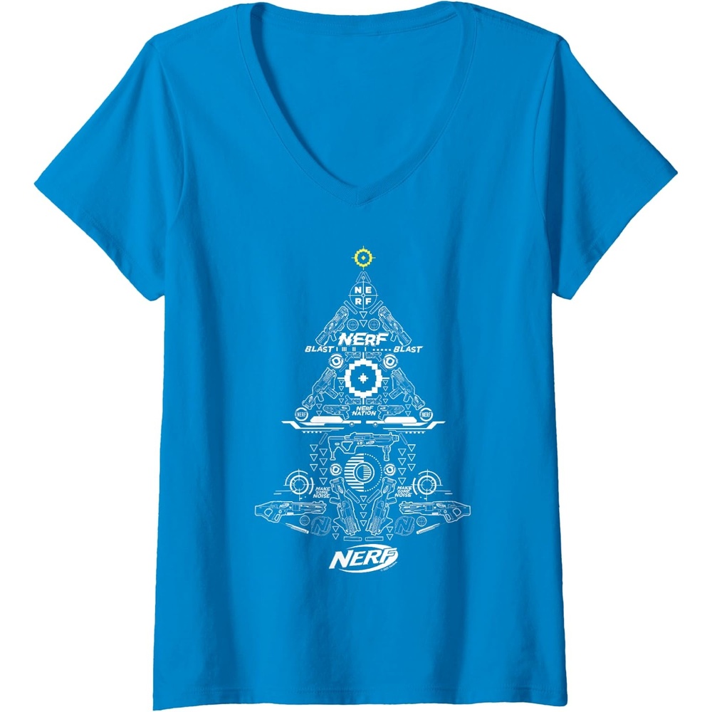 image:imageNerf Christmas Tree Toy Icons Collage VNeck TShirtSapphire Blue