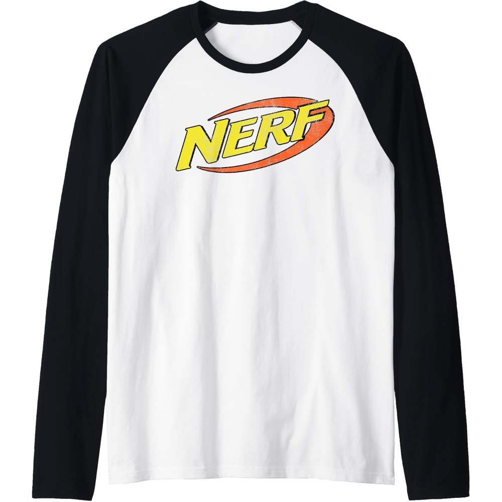 image:imageNerf Classic Distressed Retro Color Logo Raglan Baseball TeeBlackWhite