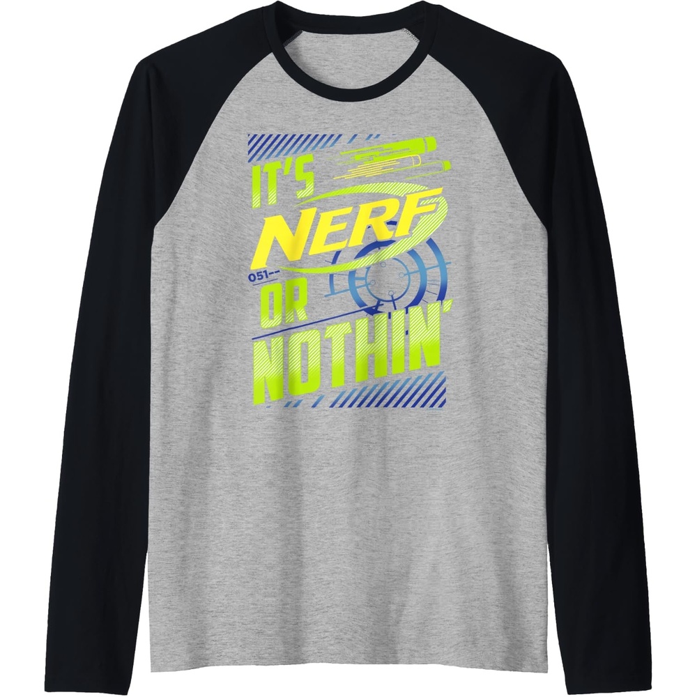 image:imageNerf Its Nerf Or Nothin Retro Bold Logo Raglan Baseball TeeBlackAthletic Heather